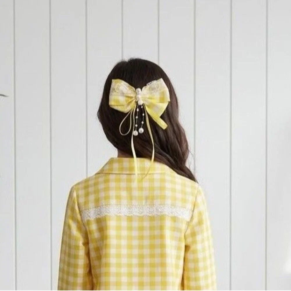 Hair Bow Clip Yellow Hairpin Wih Beads For Girls